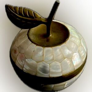 Vintage Apple Trinket Box Brass & White Mother Of Pearl